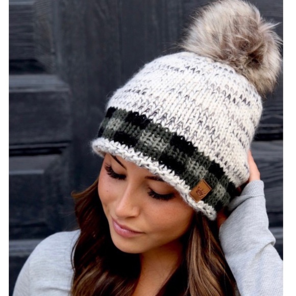 Accessories - Green Buffalo Trim Fleece Lined Faux Fur Beanie
